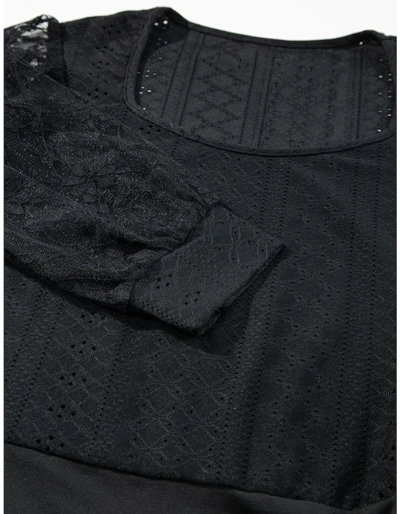 Black Frenchy Contrast Lace Bishop Sleeve Bodysuit