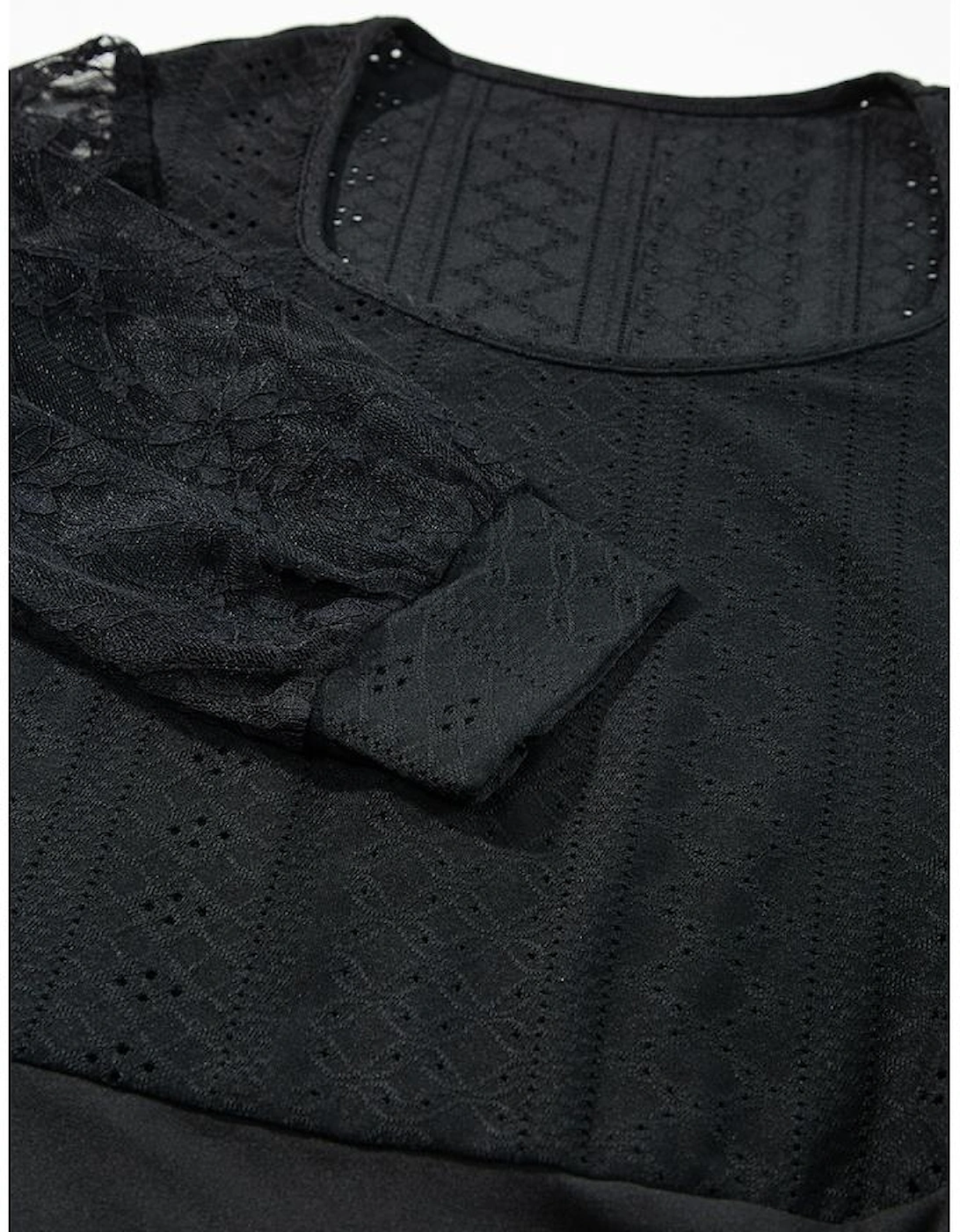 Black Frenchy Contrast Lace Bishop Sleeve Bodysuit