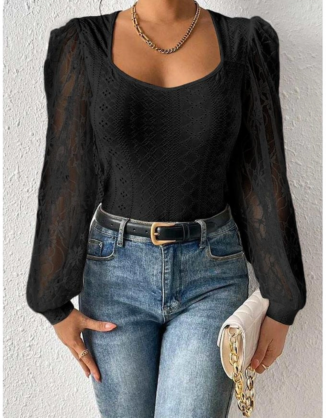 Black Frenchy Contrast Lace Bishop Sleeve Bodysuit