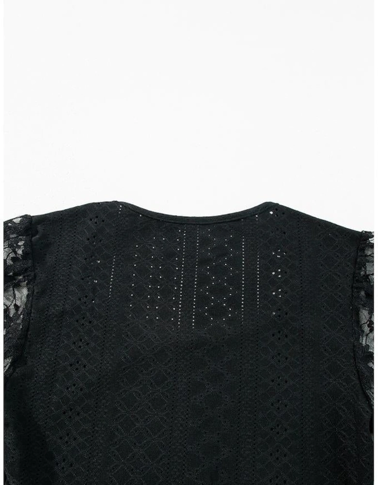 Black Frenchy Contrast Lace Bishop Sleeve Bodysuit