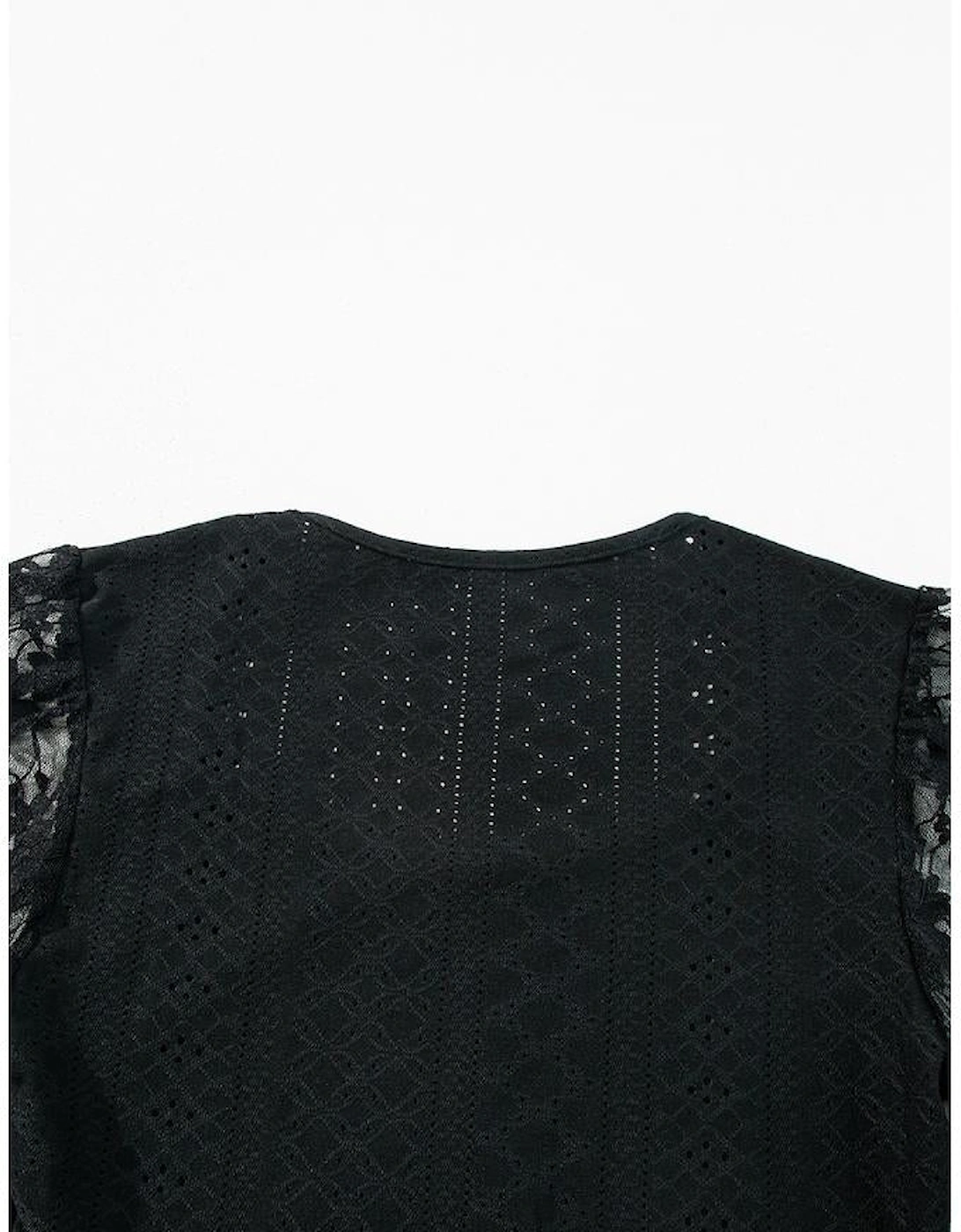 Black Frenchy Contrast Lace Bishop Sleeve Bodysuit