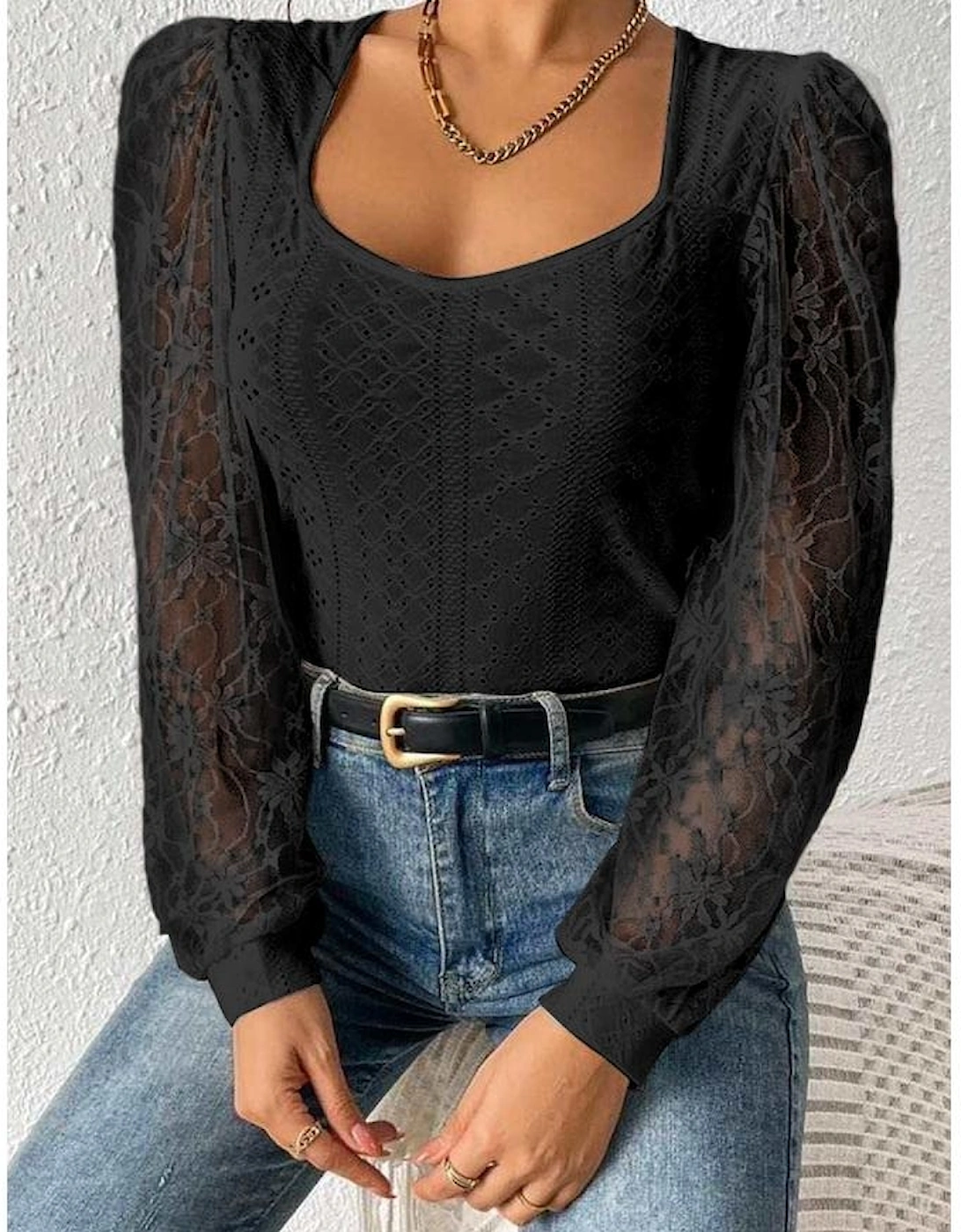 Black Frenchy Contrast Lace Bishop Sleeve Bodysuit