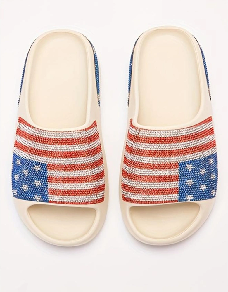 Azura Exchange White Rhinestone American Flag Thick Sole Slippers