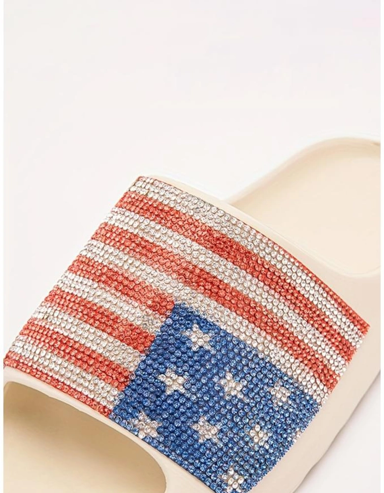 Azura Exchange White Rhinestone American Flag Thick Sole Slippers