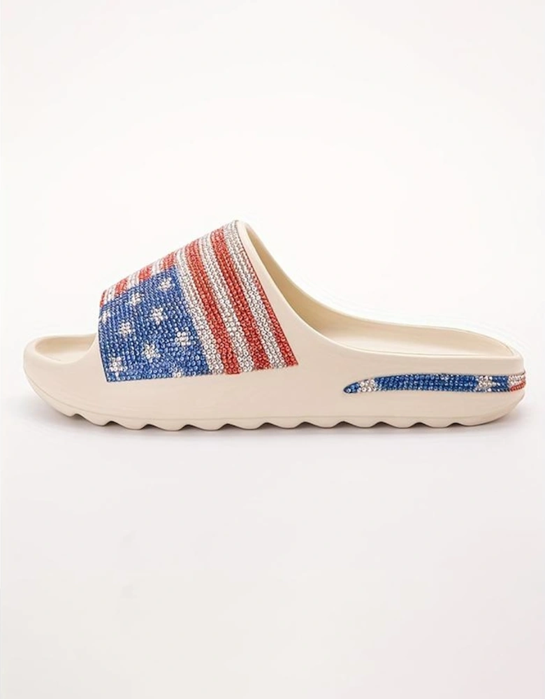 Azura Exchange White Rhinestone American Flag Thick Sole Slippers