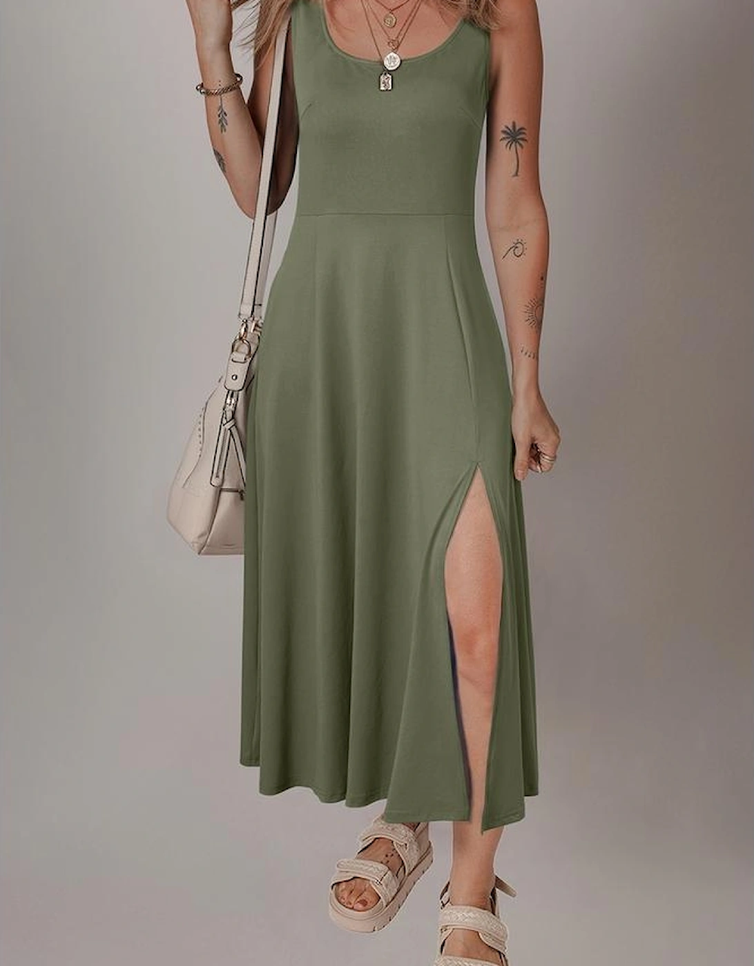 Four Leaf Clover Sleeveless Scoop Neck Flared Split Midi Dress