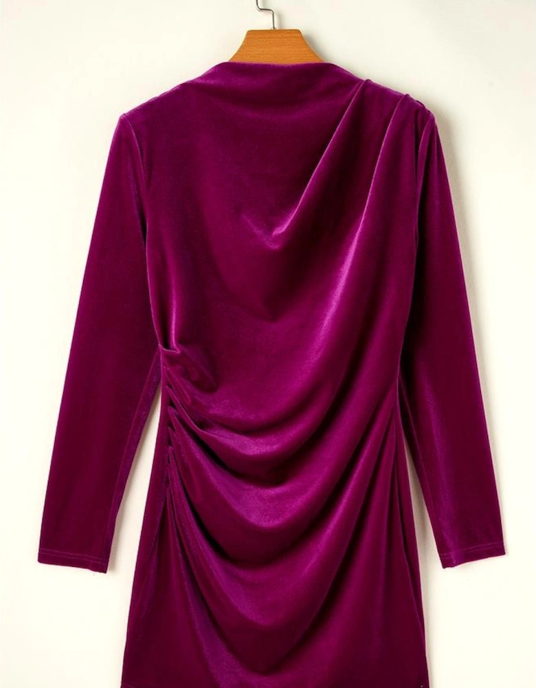 Pitaya Pink Velvet Mock Neck Ruched Long Sleeve Bodycon Dress
