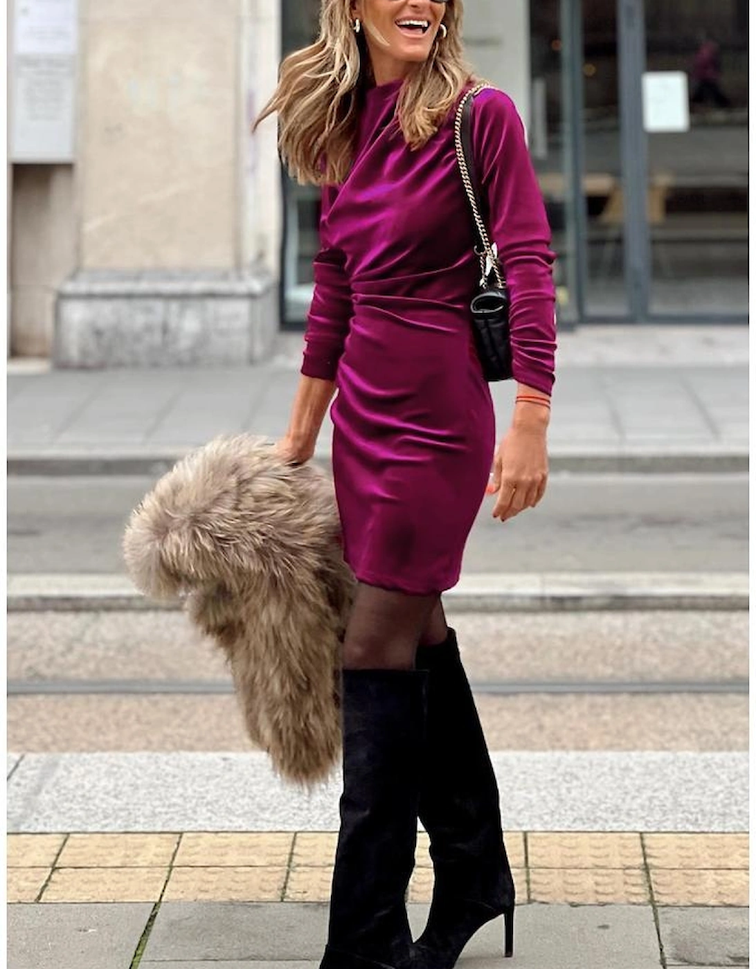 Pitaya Pink Velvet Mock Neck Ruched Long Sleeve Bodycon Dress