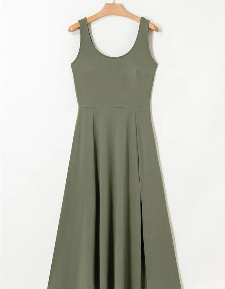 Four Leaf Clover Sleeveless Scoop Neck Flared Split Midi Dress