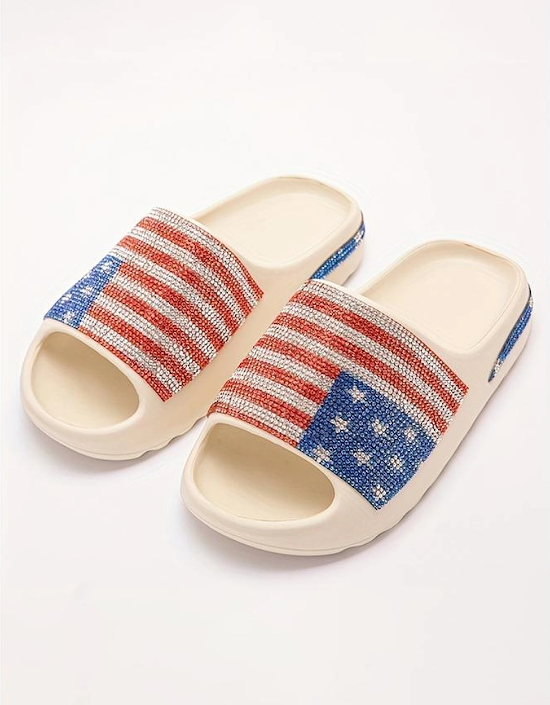 Azura Exchange White Rhinestone American Flag Thick Sole Slippers