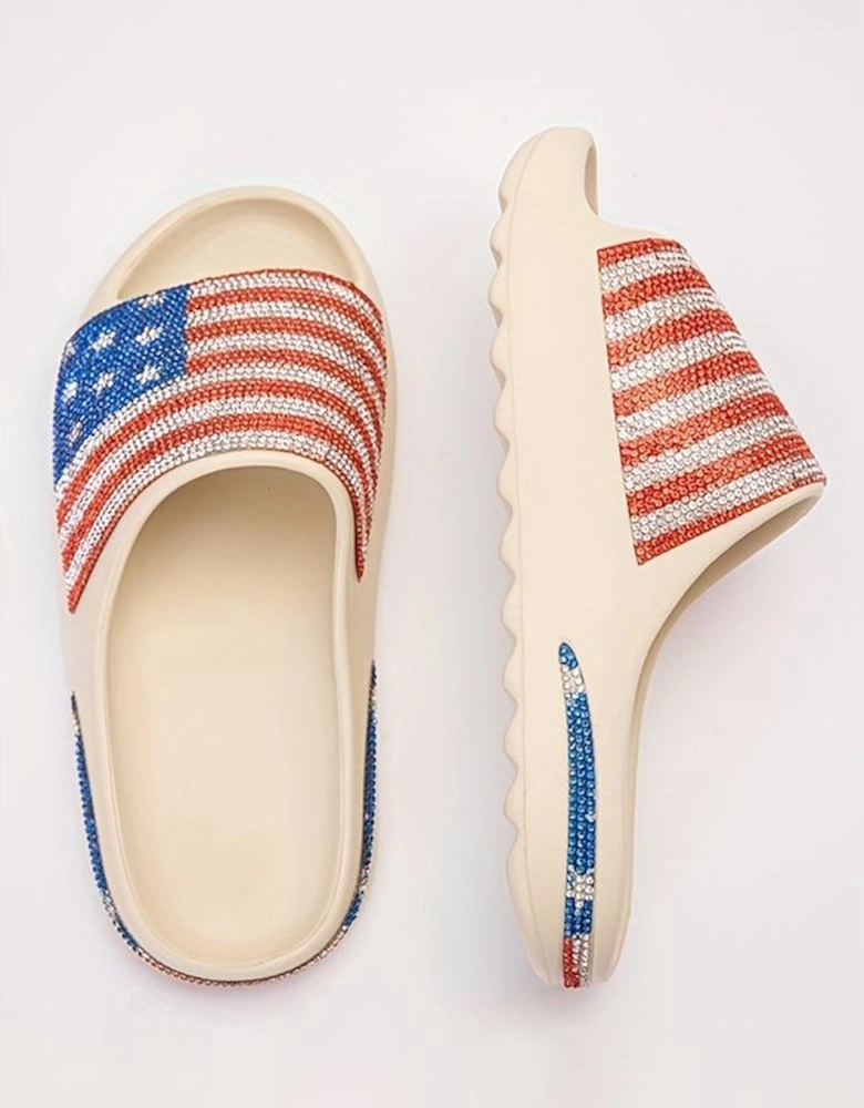 Azura Exchange White Rhinestone American Flag Thick Sole Slippers