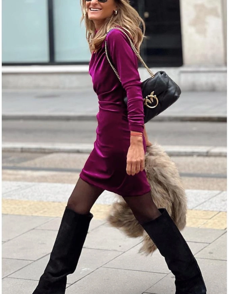 Pitaya Pink Velvet Mock Neck Ruched Long Sleeve Bodycon Dress