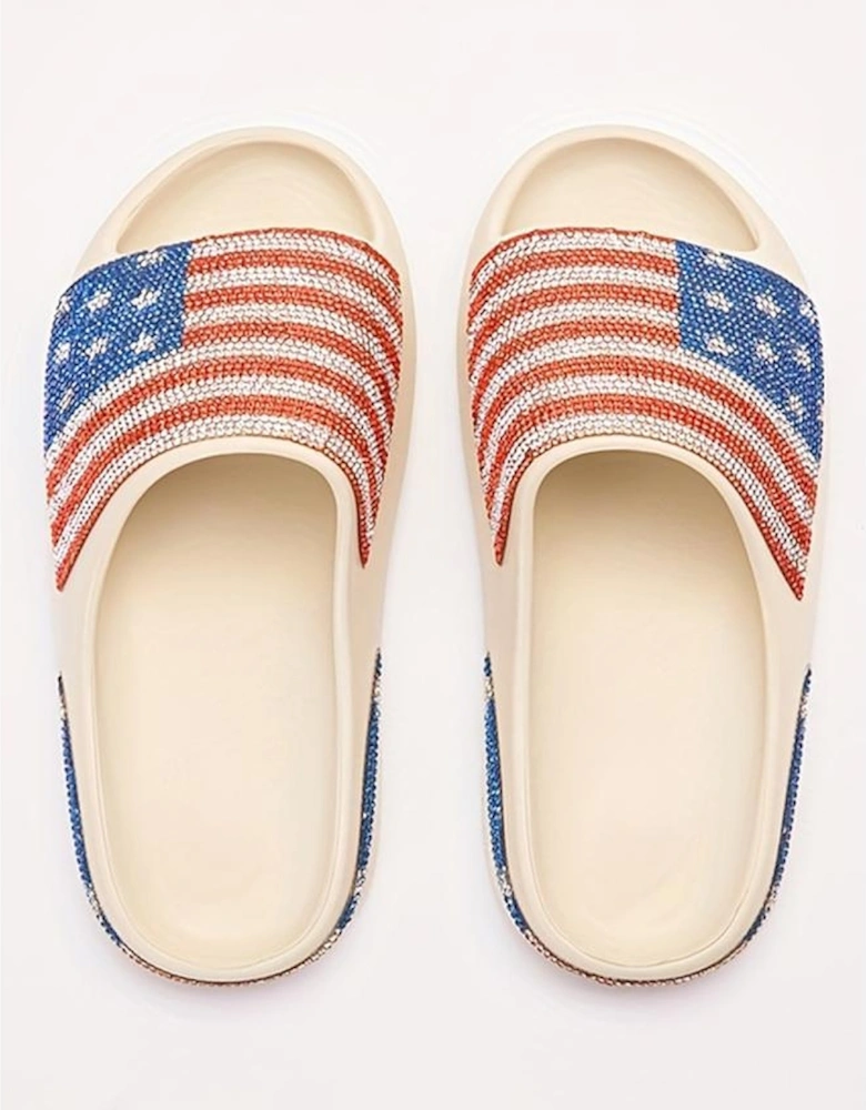 Azura Exchange White Rhinestone American Flag Thick Sole Slippers