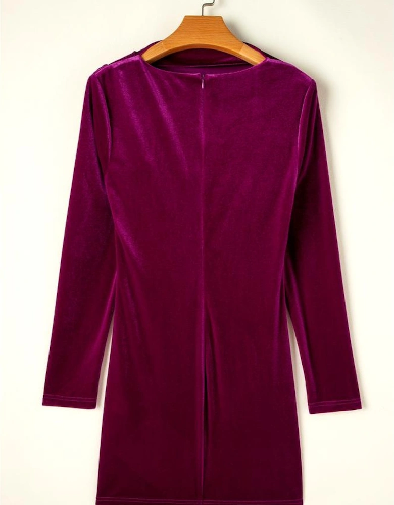 Pitaya Pink Velvet Mock Neck Ruched Long Sleeve Bodycon Dress
