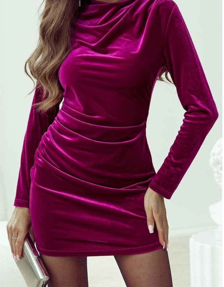 Pitaya Pink Velvet Mock Neck Ruched Long Sleeve Bodycon Dress