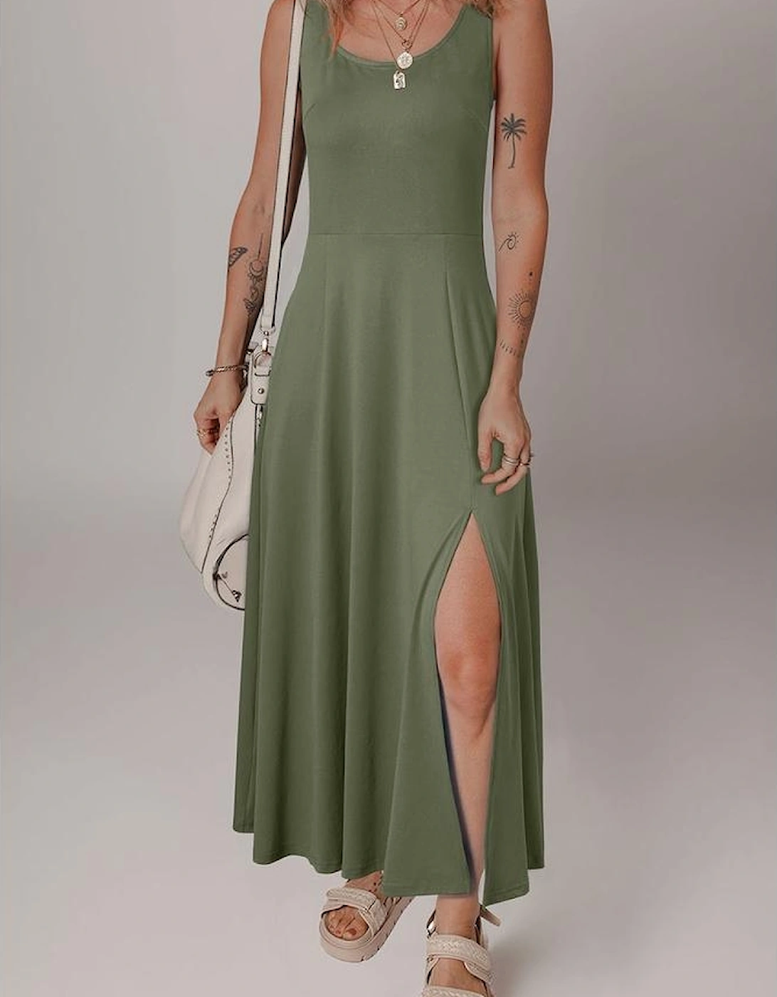 Four Leaf Clover Sleeveless Scoop Neck Flared Split Midi Dress, 10 of 9