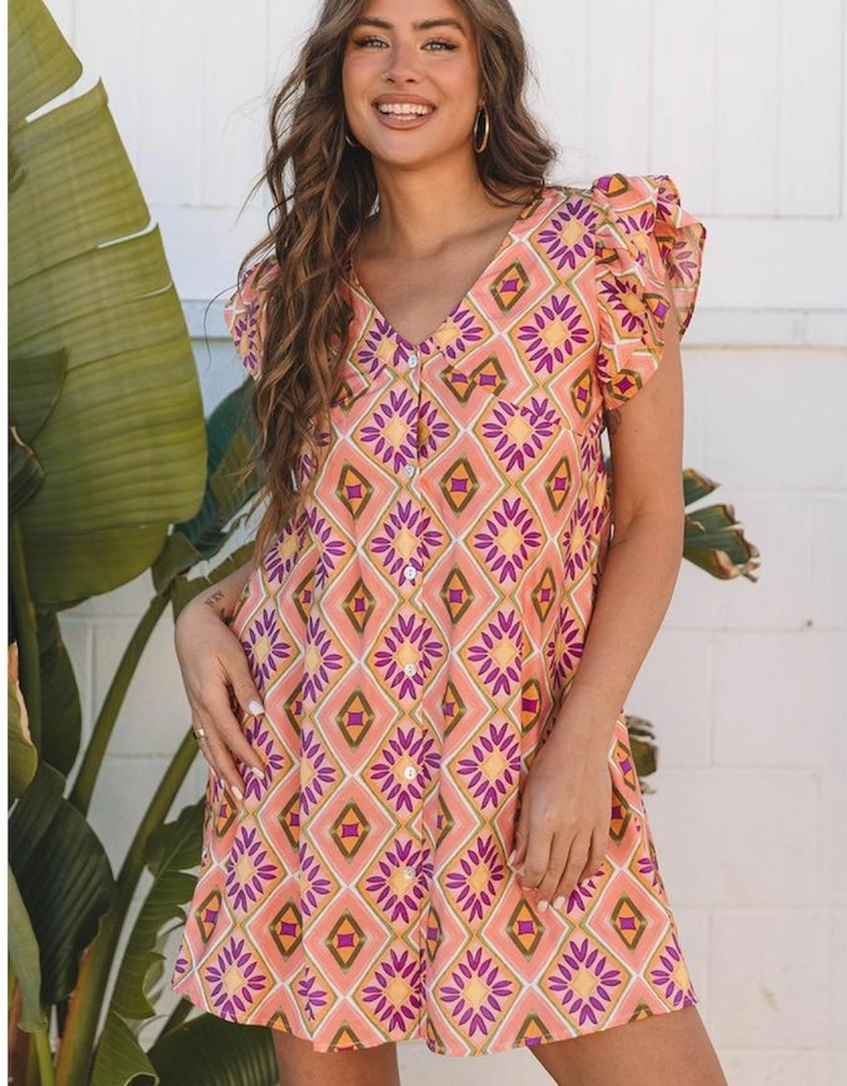 Orange Geometric Floral V Neck Buttoned Ruffled Sleeve Mini Dress
