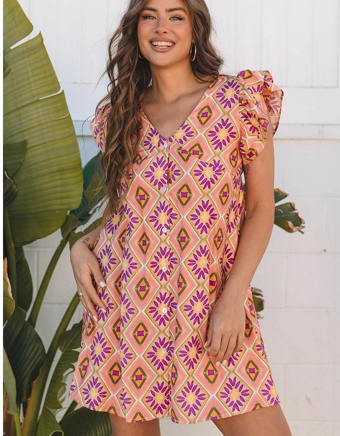 Orange Geometric Floral V Neck Buttoned Ruffled Sleeve Mini Dress, 16 of 15