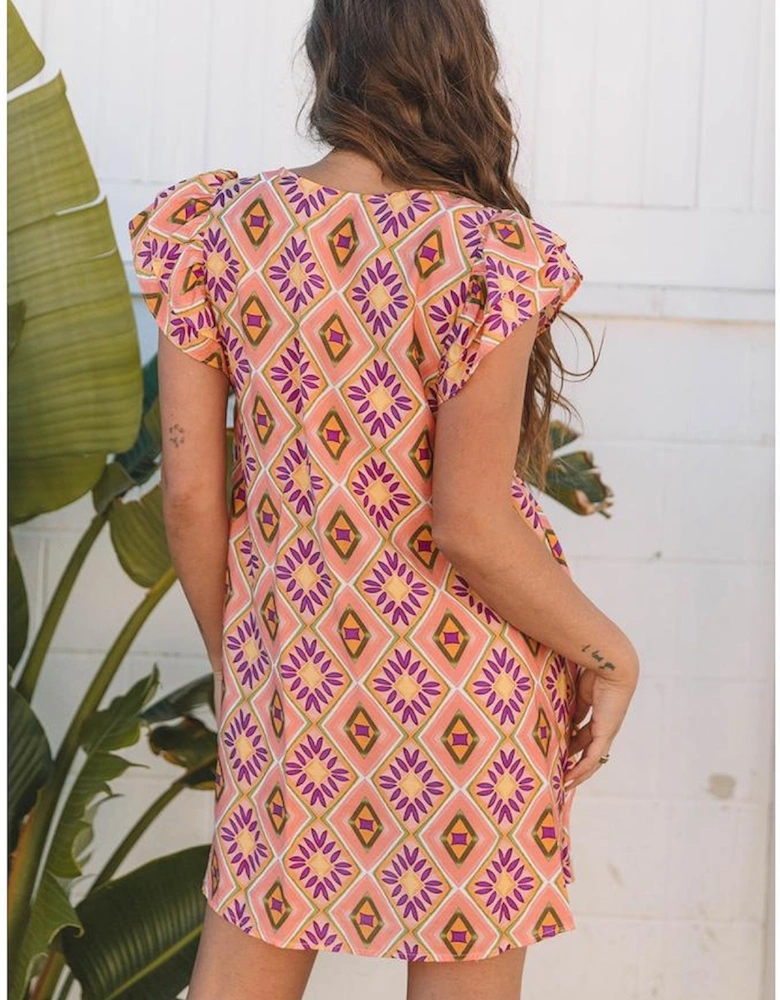 Orange Geometric Floral V Neck Buttoned Ruffled Sleeve Mini Dress