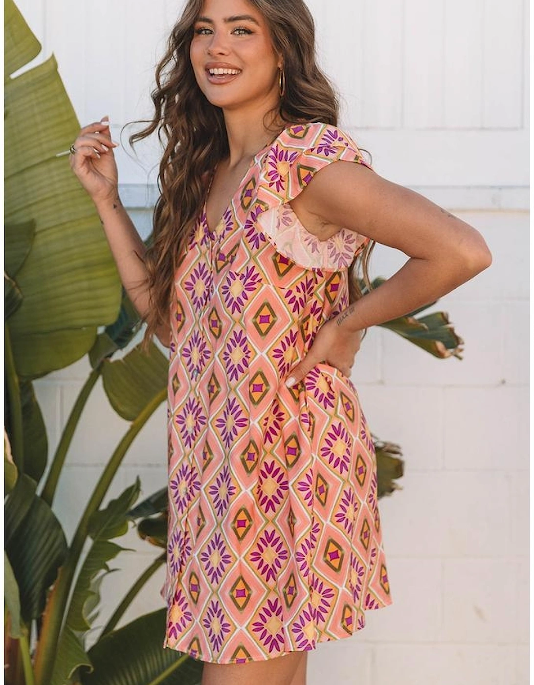 Orange Geometric Floral V Neck Buttoned Ruffled Sleeve Mini Dress