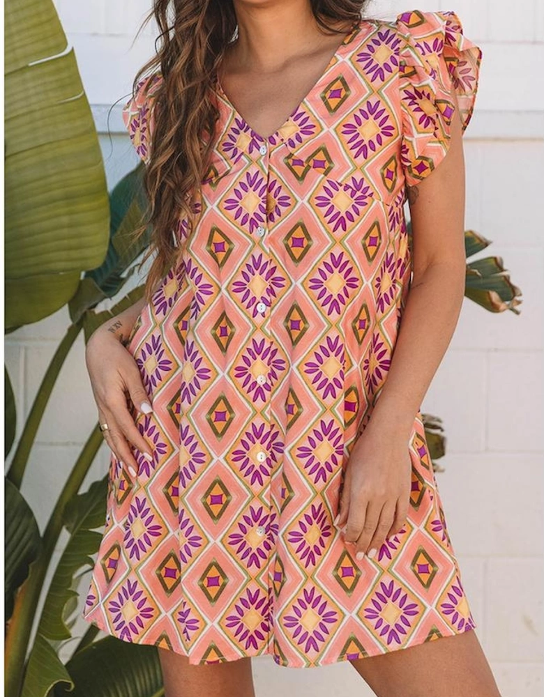Orange Geometric Floral V Neck Buttoned Ruffled Sleeve Mini Dress