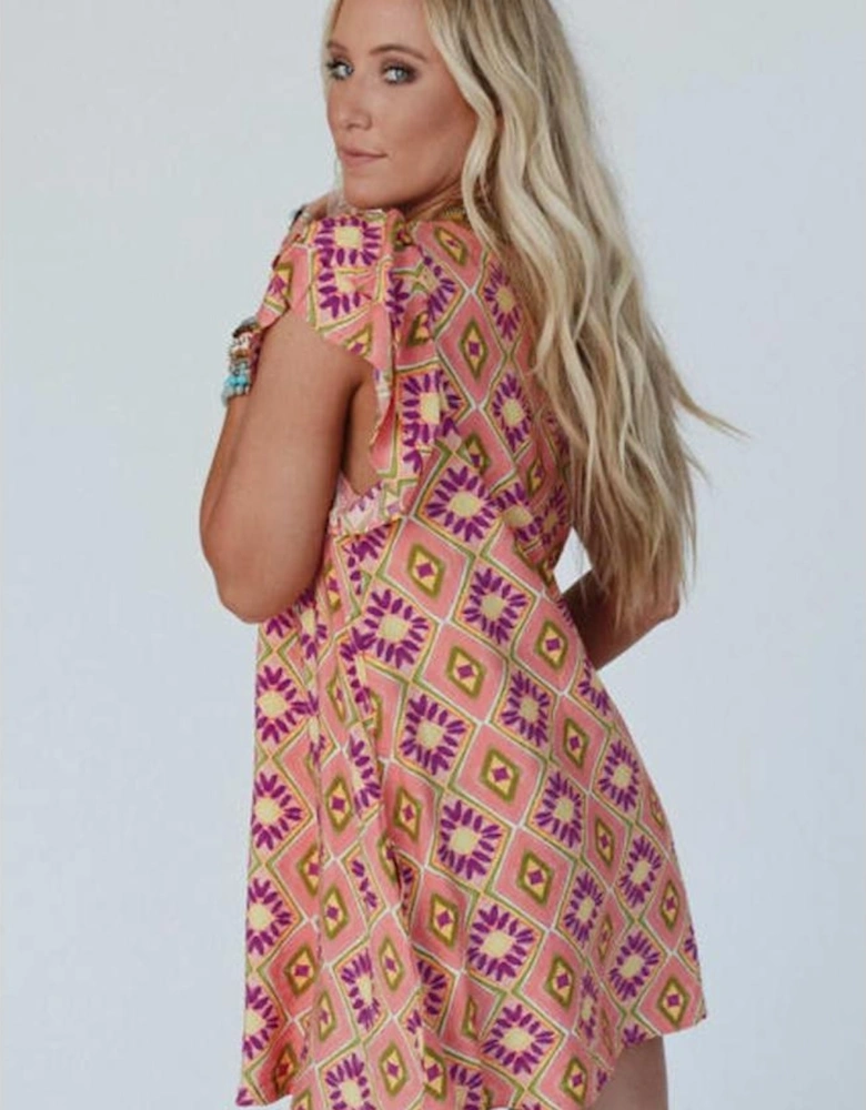 Orange Geometric Floral V Neck Buttoned Ruffled Sleeve Mini Dress