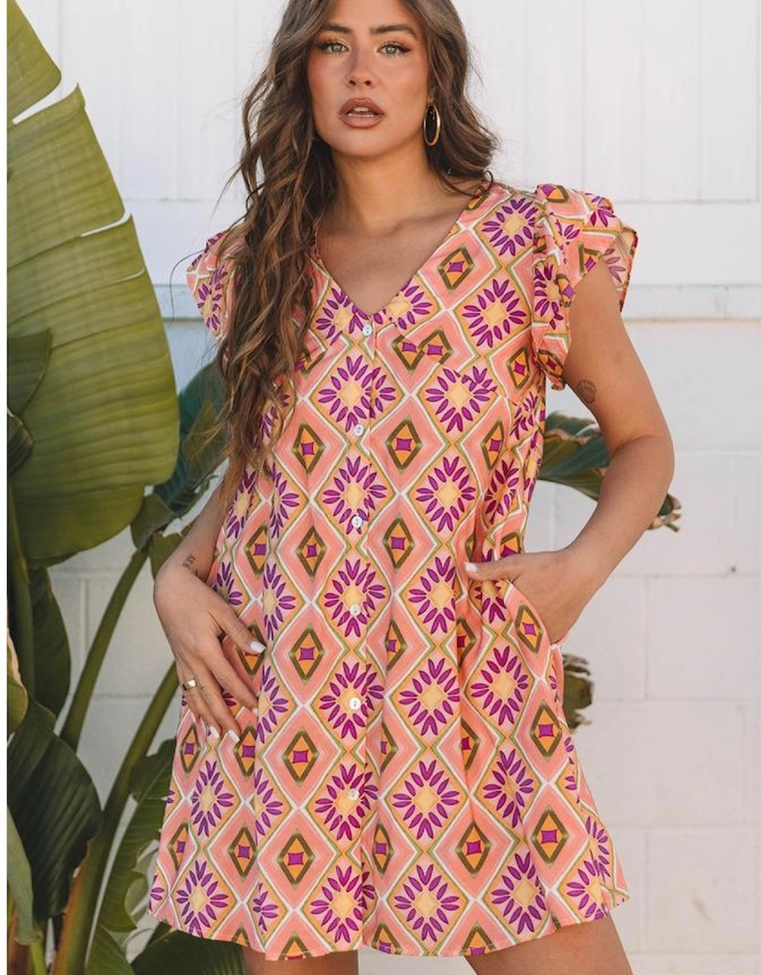 Orange Geometric Floral V Neck Buttoned Ruffled Sleeve Mini Dress