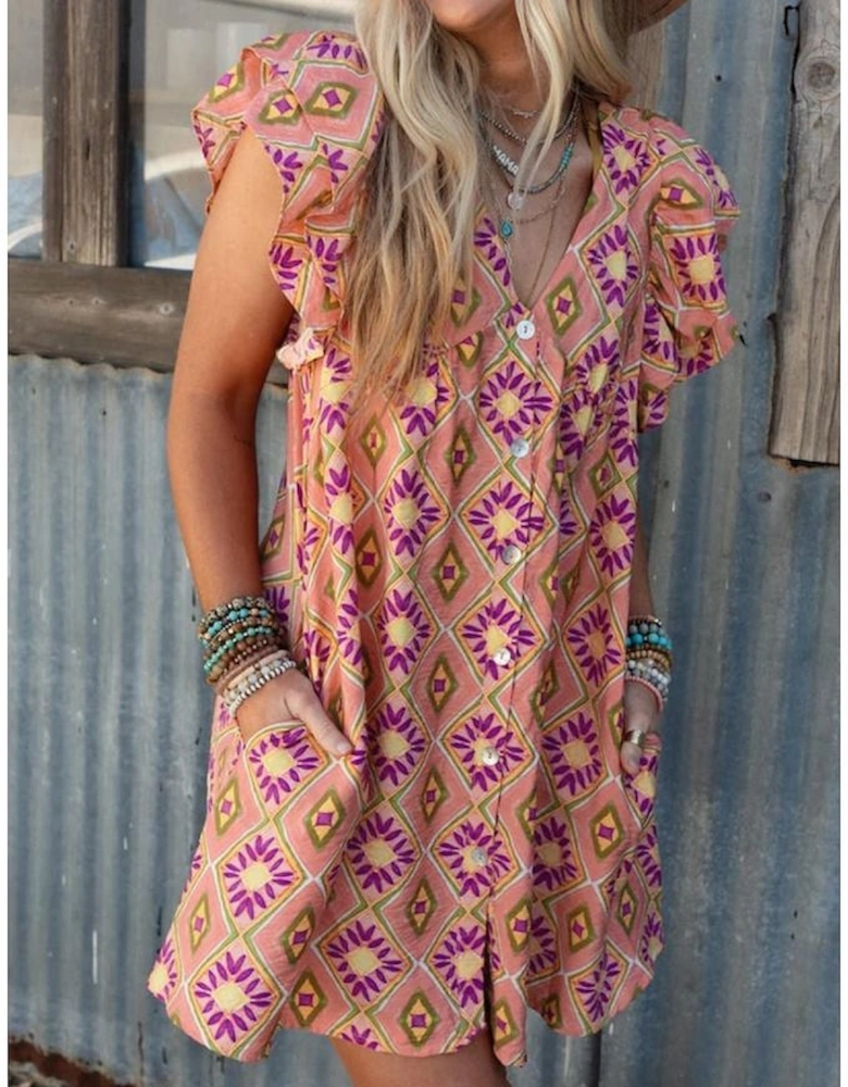 Orange Geometric Floral V Neck Buttoned Ruffled Sleeve Mini Dress