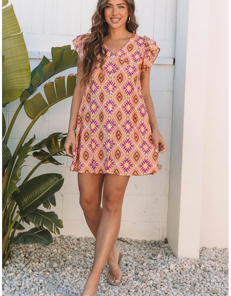 Orange Geometric Floral V Neck Buttoned Ruffled Sleeve Mini Dress