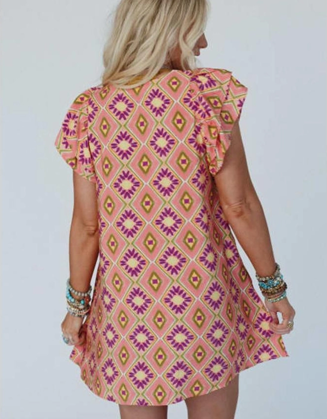 Orange Geometric Floral V Neck Buttoned Ruffled Sleeve Mini Dress