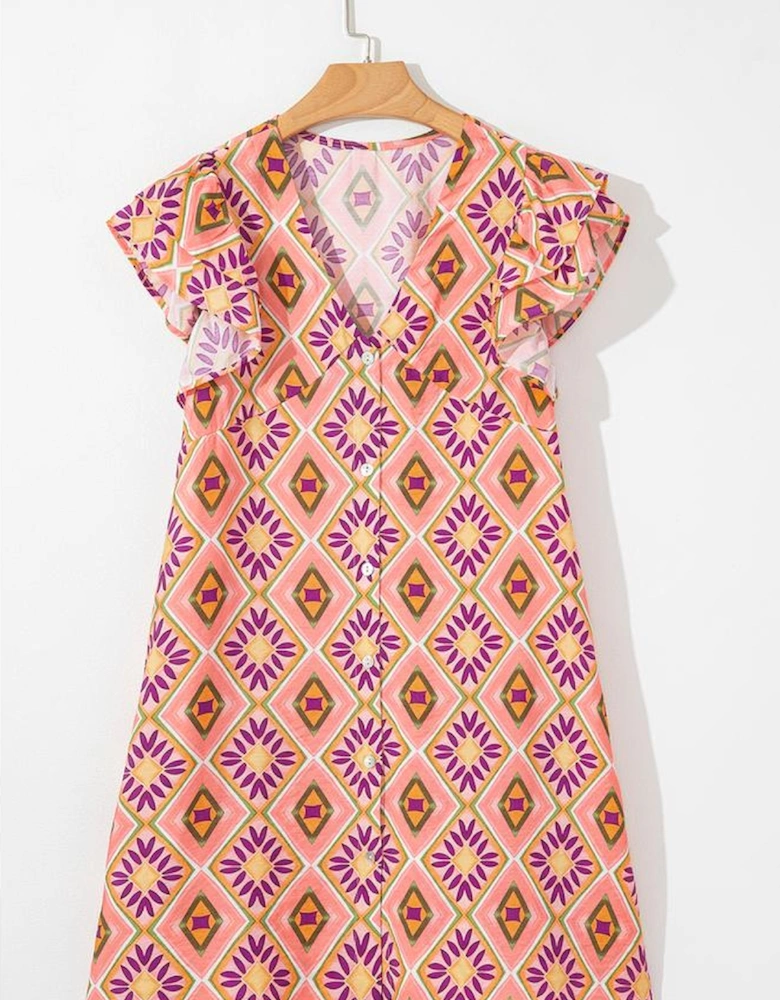 Orange Geometric Floral V Neck Buttoned Ruffled Sleeve Mini Dress
