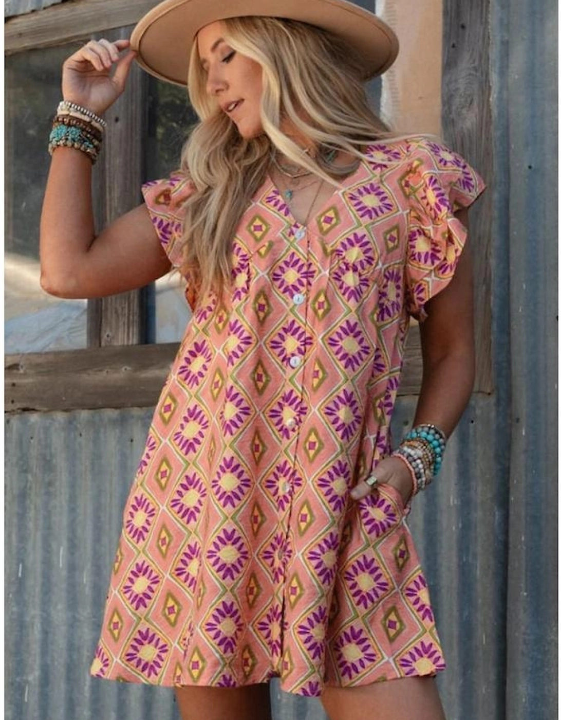 Orange Geometric Floral V Neck Buttoned Ruffled Sleeve Mini Dress