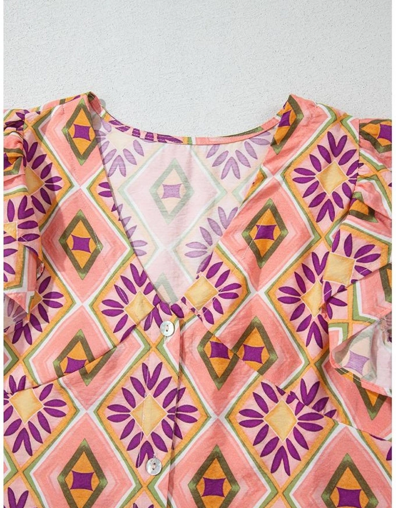 Orange Geometric Floral V Neck Buttoned Ruffled Sleeve Mini Dress