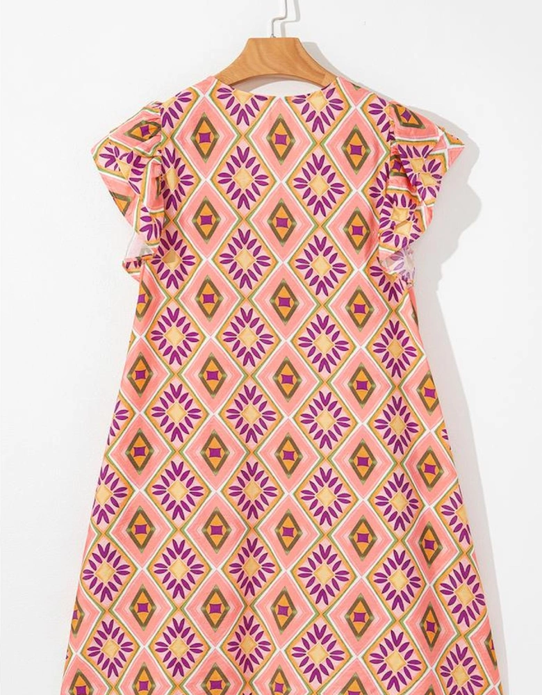 Orange Geometric Floral V Neck Buttoned Ruffled Sleeve Mini Dress