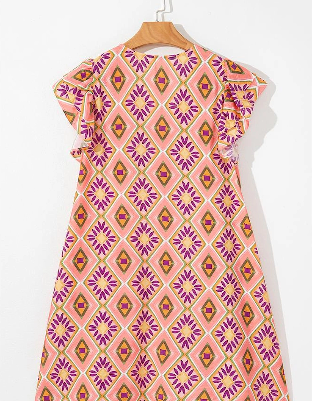 Orange Geometric Floral V Neck Buttoned Ruffled Sleeve Mini Dress