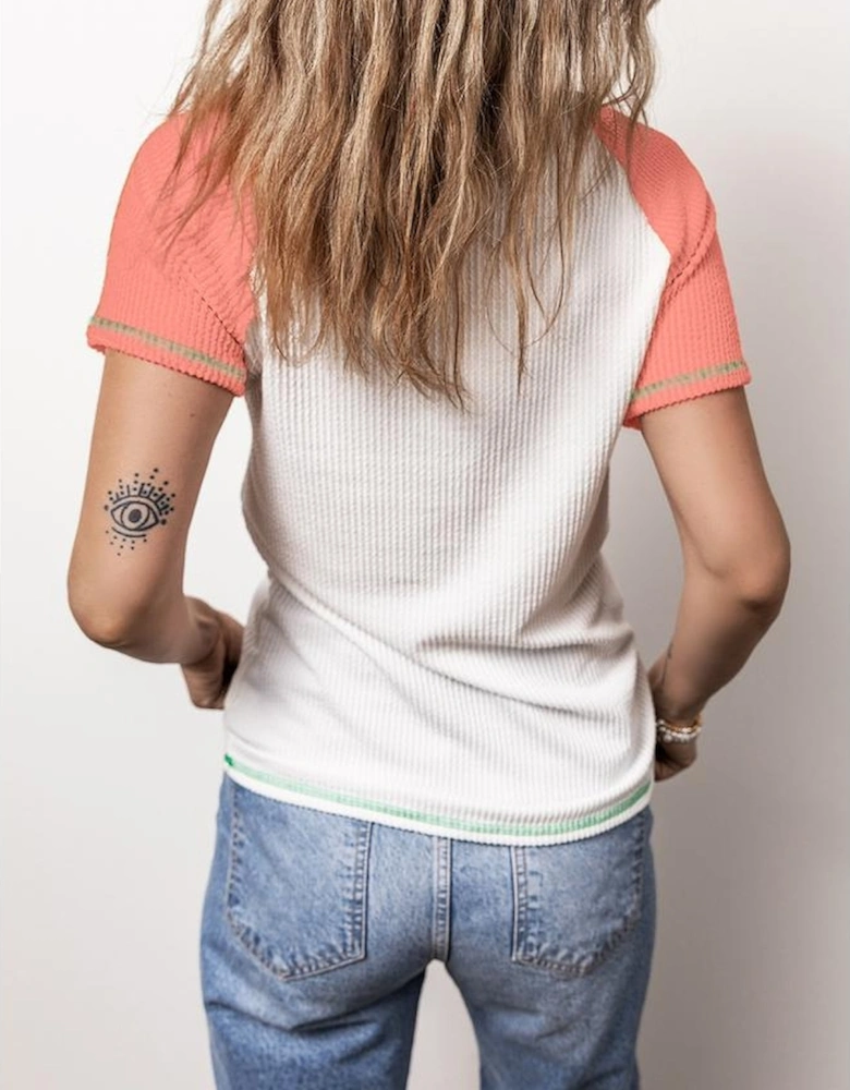 White Colorblock Textured Raglan Sleeve Henley T shirt