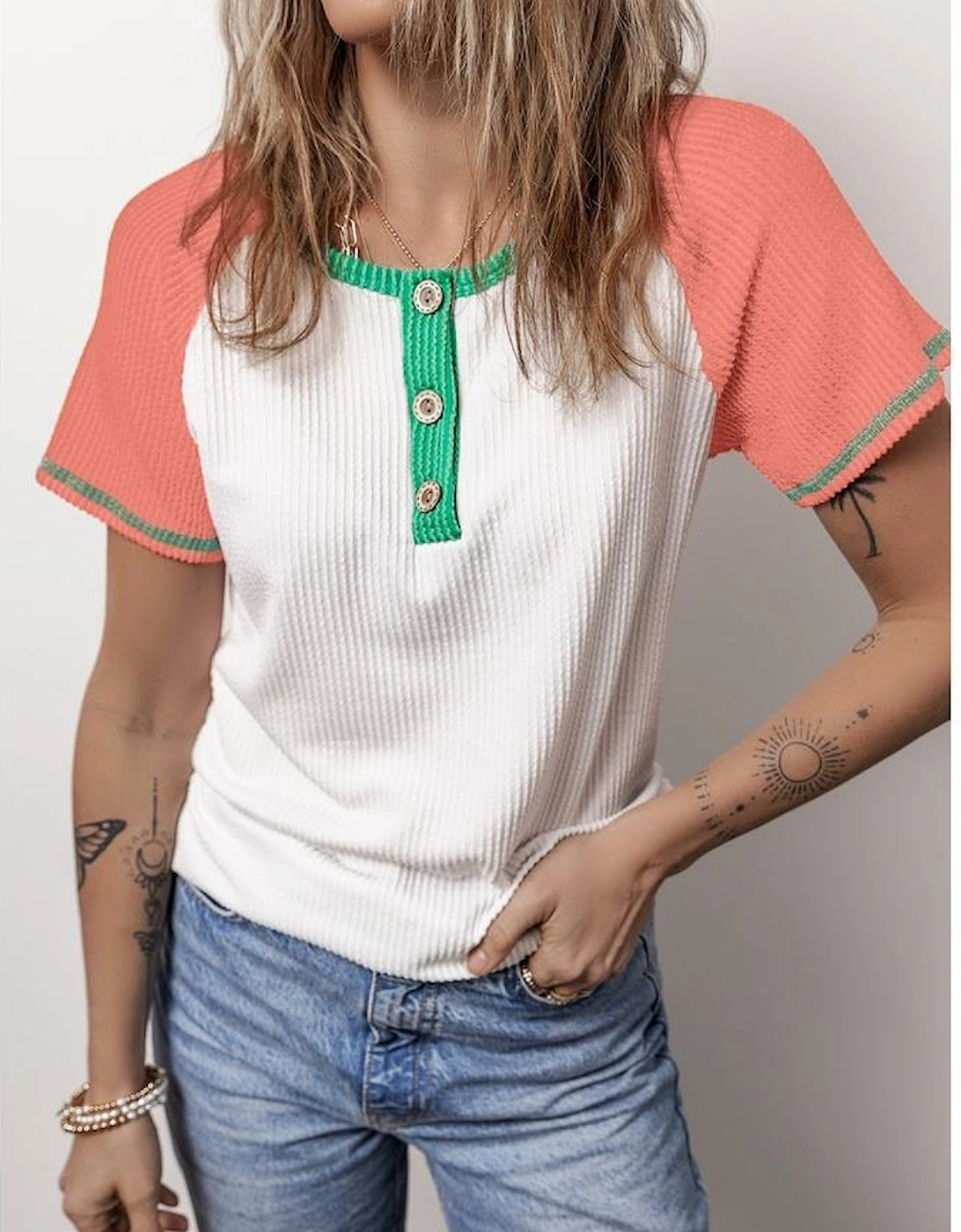 White Colorblock Textured Raglan Sleeve Henley T shirt