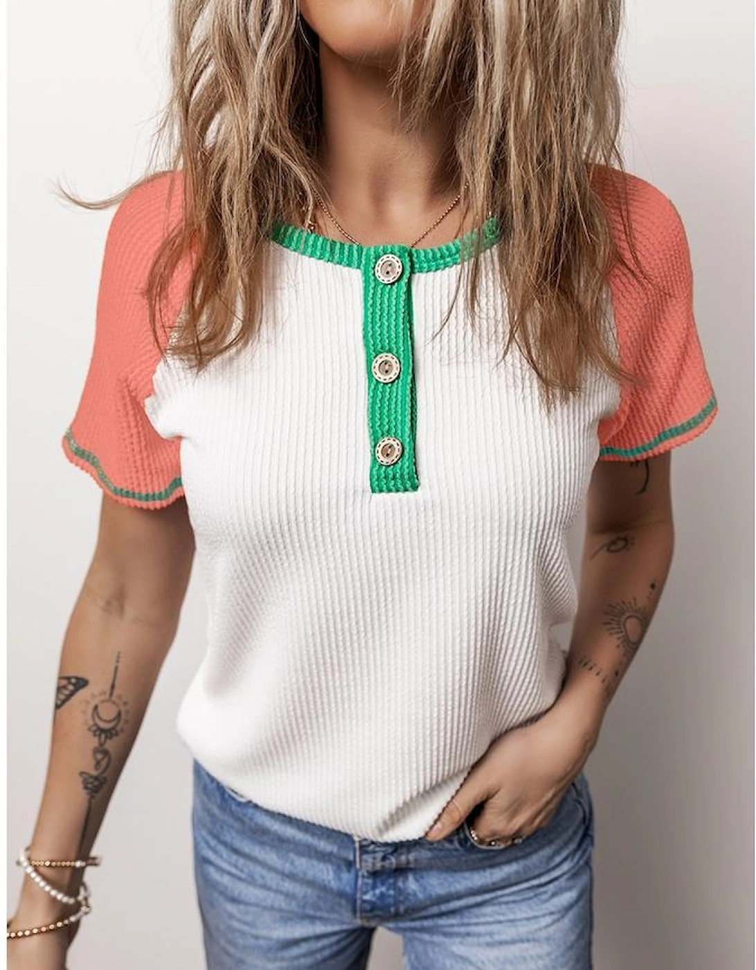 White Colorblock Textured Raglan Sleeve Henley T shirt