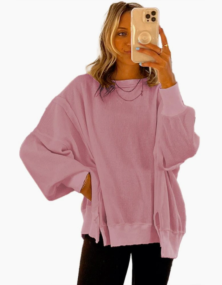 Pink Waffle Knit Bishop Sleeve Split Oversized Sweatshirt
