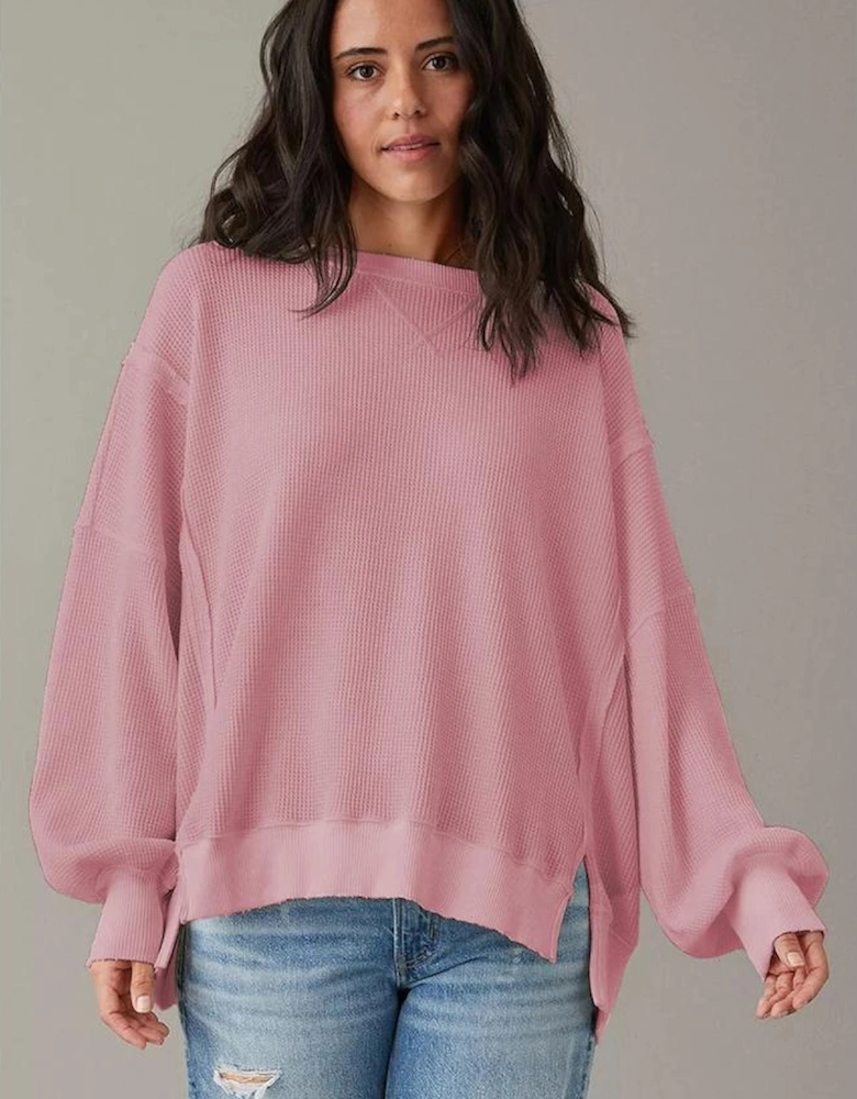 Pink Waffle Knit Bishop Sleeve Split Oversized Sweatshirt