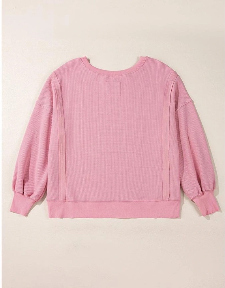 Pink Waffle Knit Bishop Sleeve Split Oversized Sweatshirt