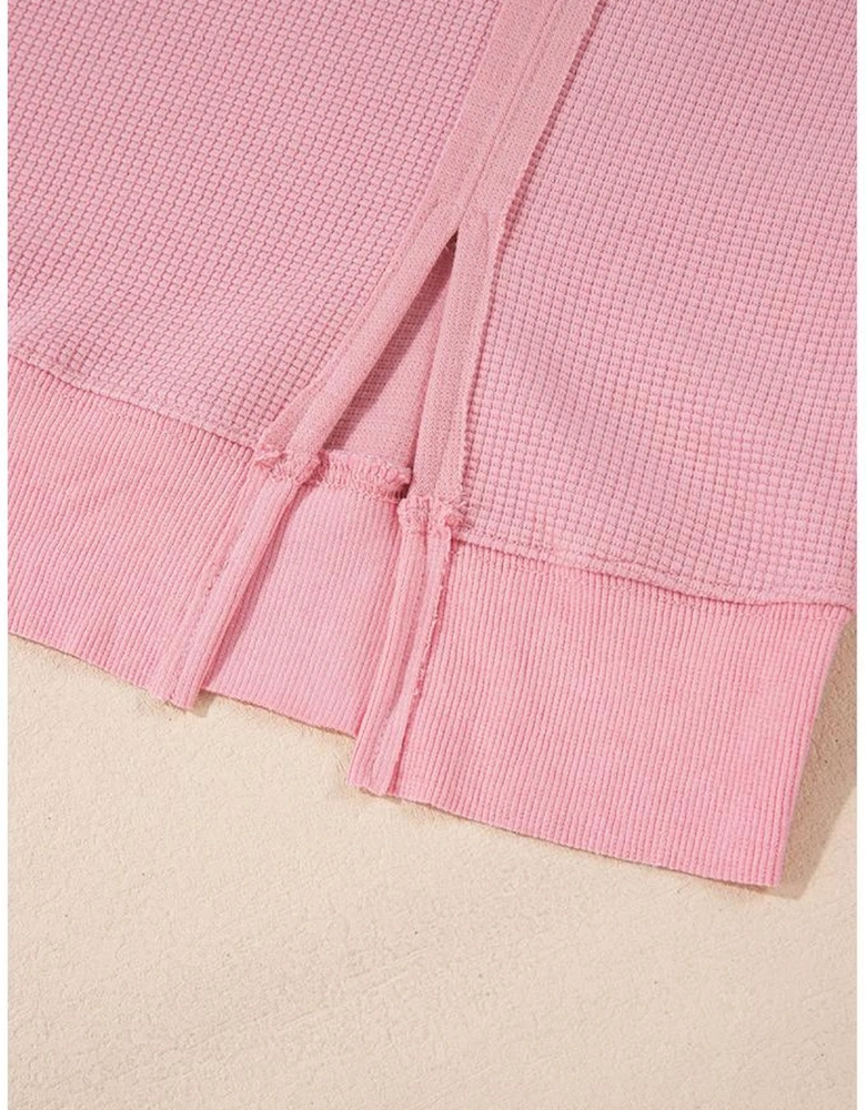 Pink Waffle Knit Bishop Sleeve Split Oversized Sweatshirt