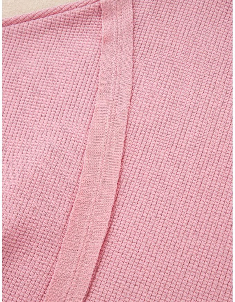 Pink Waffle Knit Bishop Sleeve Split Oversized Sweatshirt