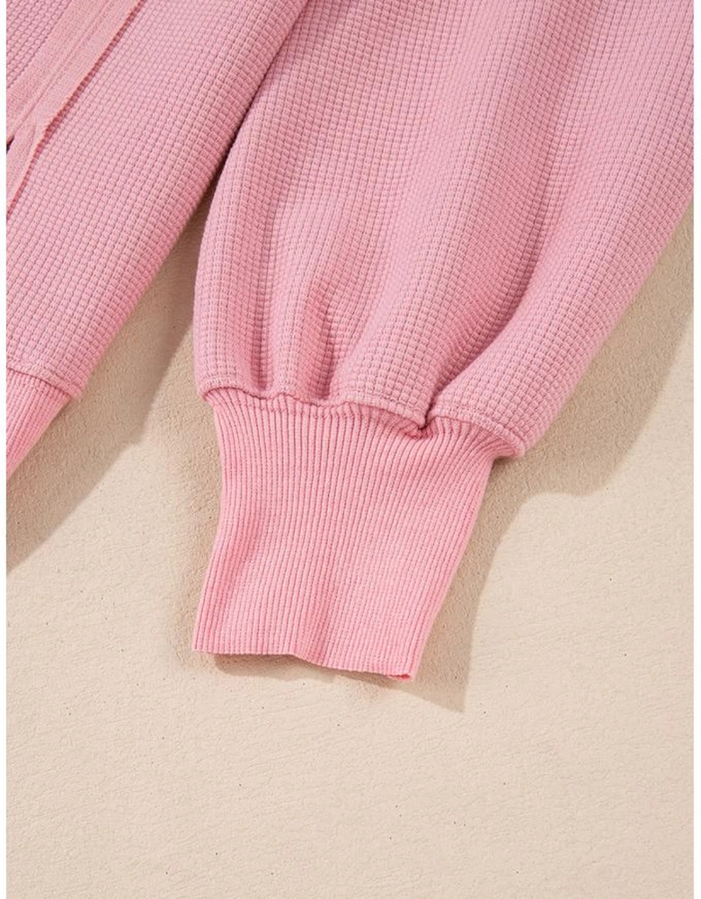 Pink Waffle Knit Bishop Sleeve Split Oversized Sweatshirt