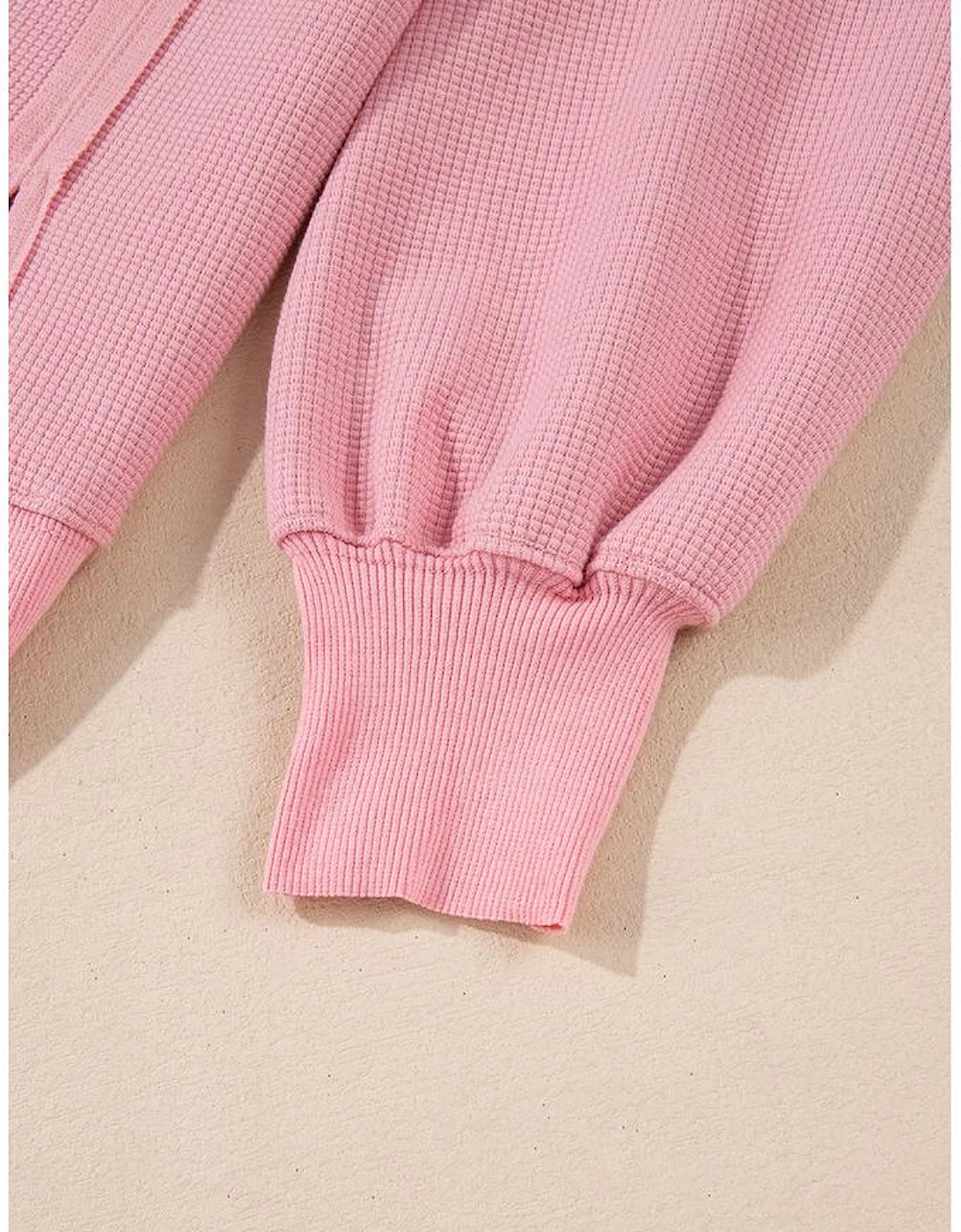 Pink Waffle Knit Bishop Sleeve Split Oversized Sweatshirt