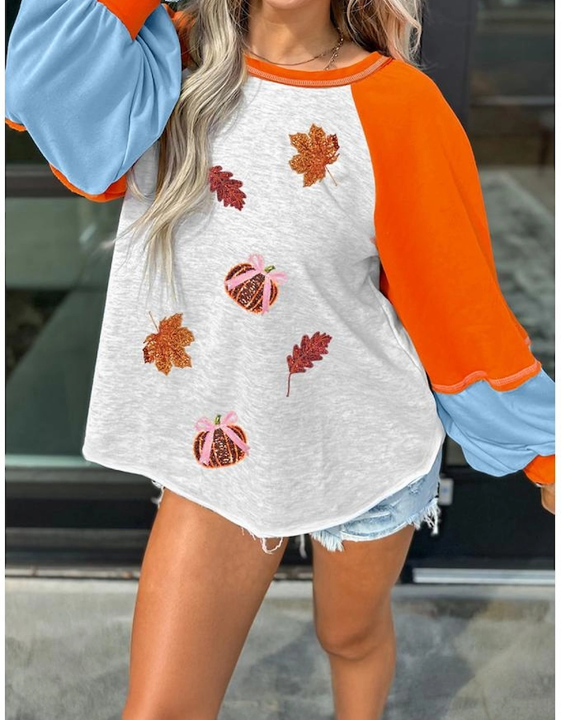 Light Grey Sequin Fall Elements Patched Color Block Patchwork Long Sleeve Loose Top