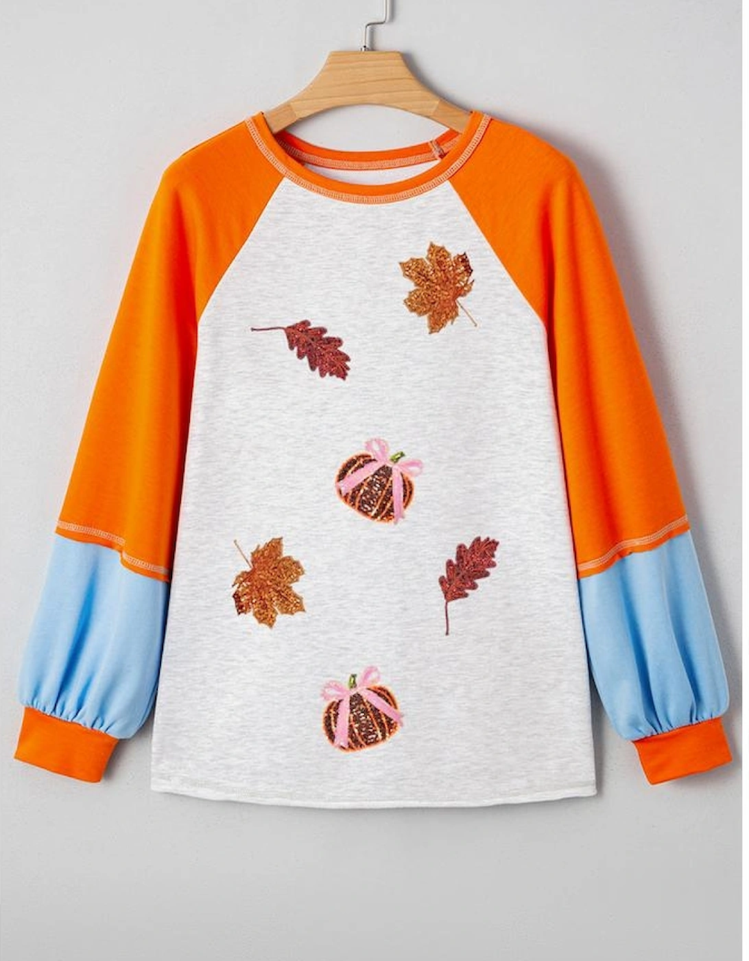 Light Grey Sequin Fall Elements Patched Color Block Patchwork Long Sleeve Loose Top