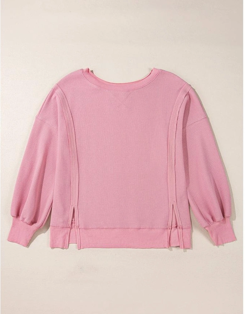 Pink Waffle Knit Bishop Sleeve Split Oversized Sweatshirt