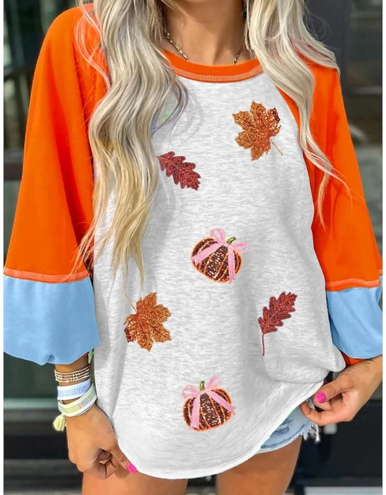 Light Grey Sequin Fall Elements Patched Color Block Patchwork Long Sleeve Loose Top