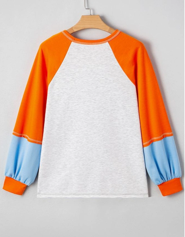 Light Grey Sequin Fall Elements Patched Color Block Patchwork Long Sleeve Loose Top